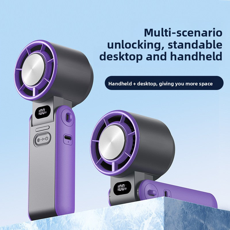 Purple and black handheld device with standable feature on a light blue background